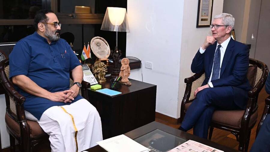 MoS IT Rajeev Chandrasekhar and Tim Cook discuss boosting manufacturing and exports Tim Cook and Rajeev Chandrasekhar