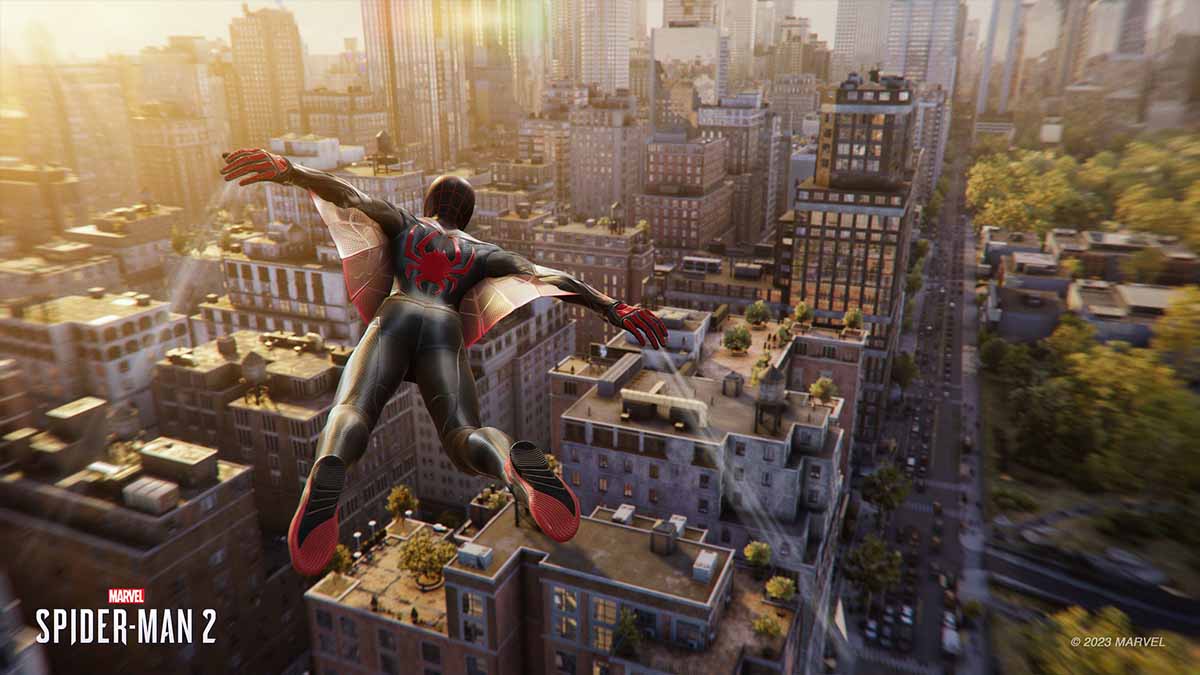 Marvel's Spider-Man 2 features Miles with web wings and Peter in