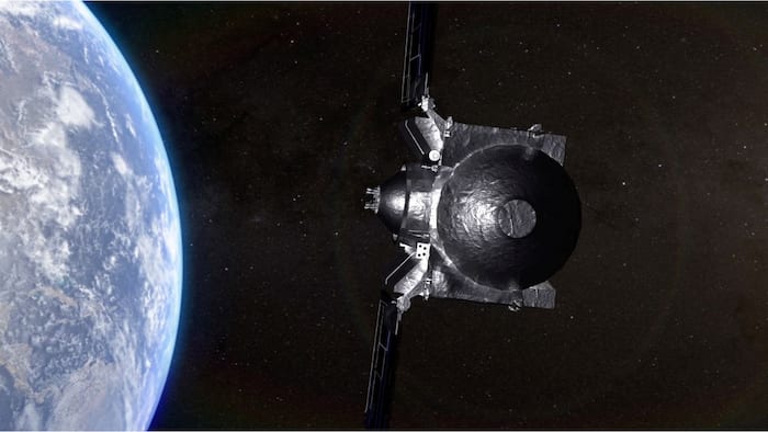 The NASA spacecraft OSIRIS-APEX travels away from Earth as it embarks on a 5-year journey.