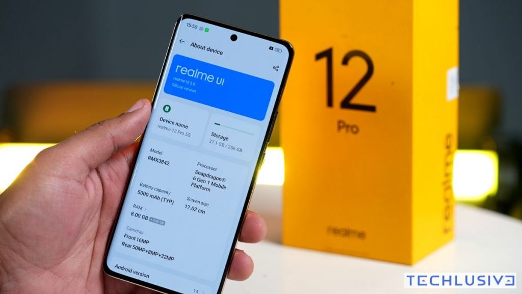 Featured image showing Realme 12 Pro specifications on the phone along with the box