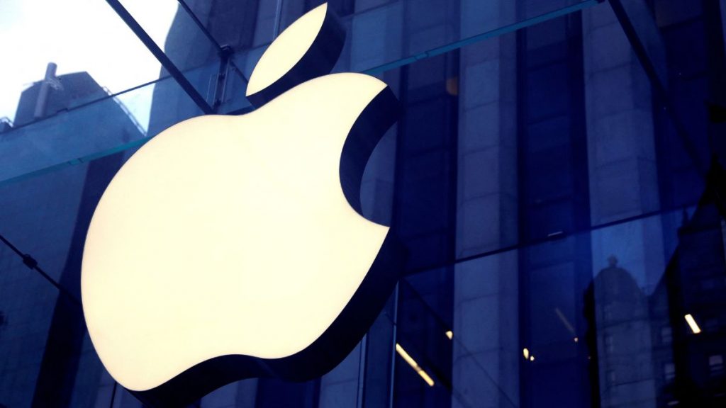 A photo of the Apple logo on an Apple Store.
