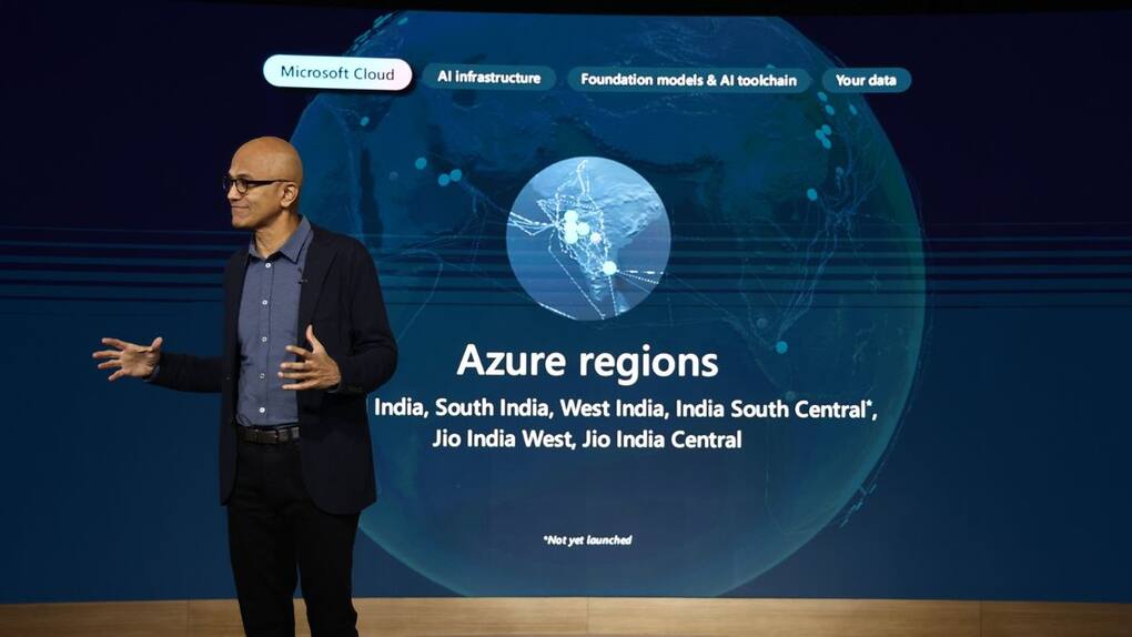 Microsoft’s chairman and CEO, Satya Nadella on stage at the CEO Connection event in Mumbai.