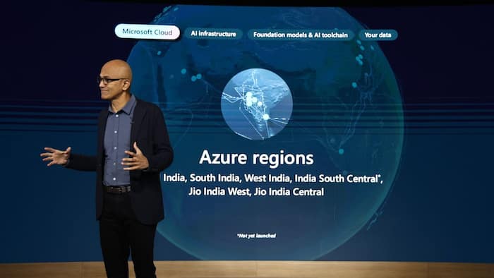 Microsoft’s chairman and CEO, Satya Nadella on stage at the CEO Connection event in Mumbai.